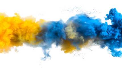 Grey, Yellow, Blue colours powder exploding isolated on a transparent background