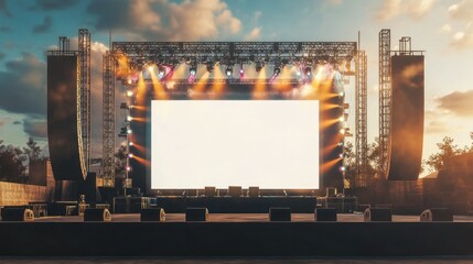 Outdoor concert stage rigging, blank white screen ready for visuals, and sound system, lighting spotlights emit colorful rays background AI generated image