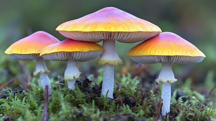 Vibrant orange and yellow mushrooms cluster on moss.