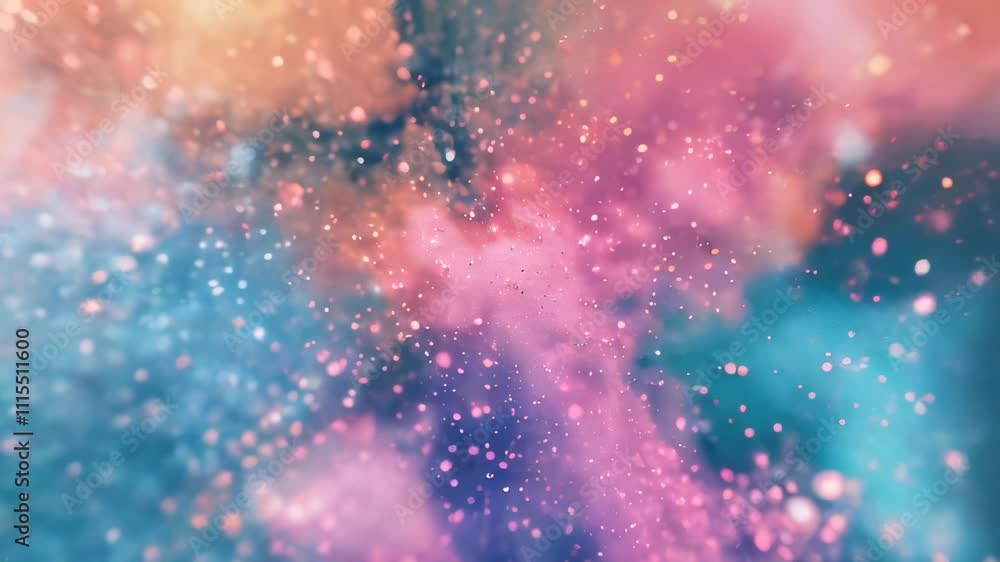 Poster dynamic abstract scene with colorful particles and smoky clouds, creating a vibrant and energetic vi