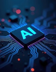 A futuristic image of an AI processor, illuminated by red lights against a dark background.