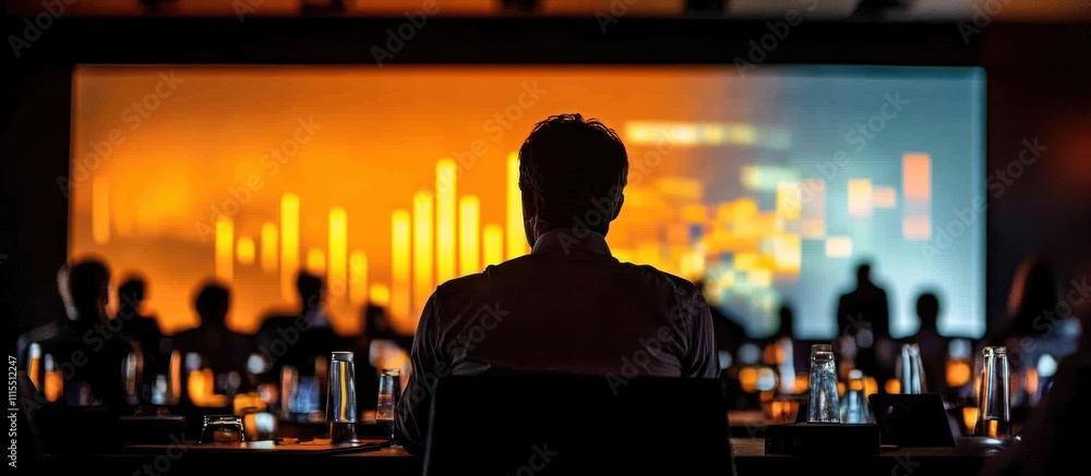 Poster a silhouette of a man sitting in front of a screen with a data graph.