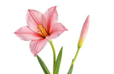 Fototapeta premium Delicate pink flower with vibrant petals and green foliage, accompanied by a budding bloom, ideal for design use on white transparent background or PNG