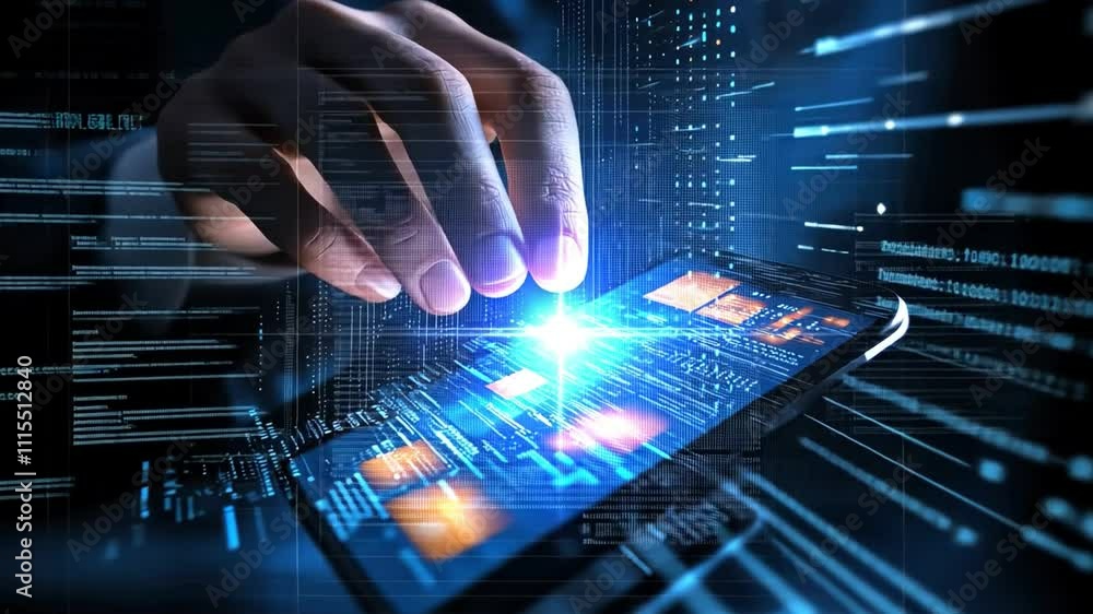 Poster close-up of a hand interacting with a smartphone displaying digital data on the screen, futuristic d