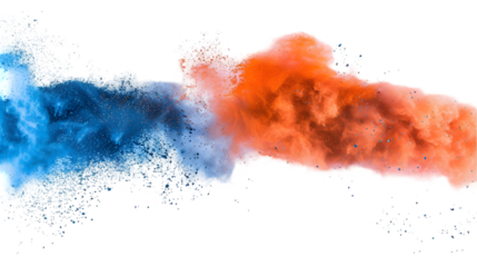 Orange, Blue, Silver colours powder exploding isolated on a transparent background