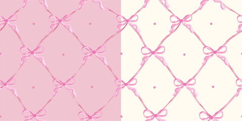 Set of Vector seamless pattern featuring charming fuchsia bows with a loose style on a pink vertical stripes background. Girly pattern perfect for bedroom decoration, prints with coquette style.