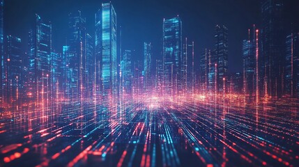 Obraz premium A futuristic digital city at night, illuminated with advanced technology and vibrant lights, representing modern urban development and commercial innovation.