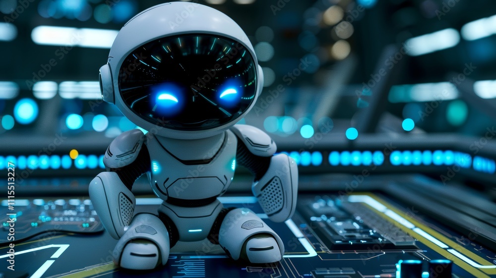 Poster charming ai chatbot with glowing eyes floating over a circuit board, symbolizing tech innovation