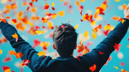 Joyful of Personal Growth and Creative Learning Pathways  A vibrant silhouette of arms raised high surrounded by a burst of colorful confetti