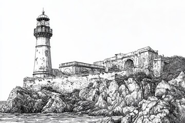 Obraz premium Monochrome Lighthouse on Coastline with Ocean Background