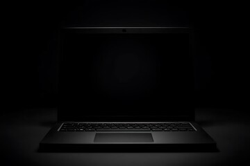 A dark laptop on a black surface, emphasizing a minimalist and modern design.