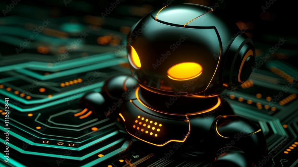 Poster charming ai chatbot with glowing eyes floating above a circuit board, symbolizing tech innovation