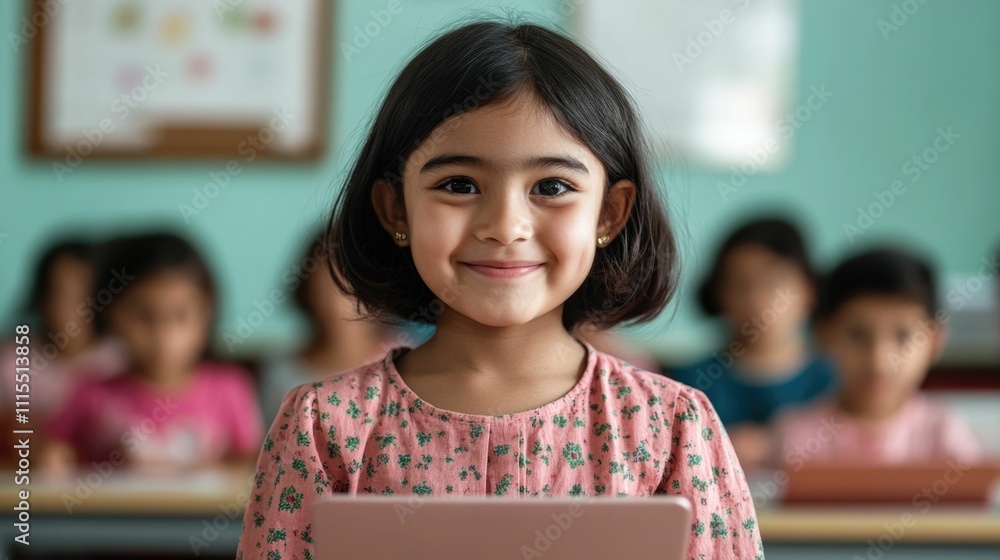 Poster cheerful and smiling young girl student engages enthusiastically with interactive educational tools 