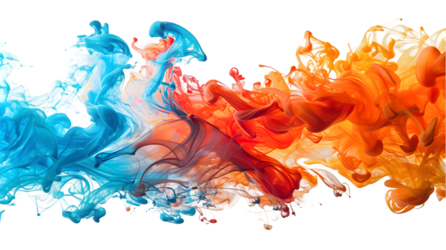 Orange, Red, Blue liquid colour mixed isolated on a transparent background