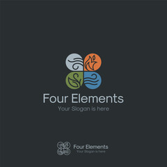 Four elements ecology astrology fire water air earth wind leaf drop vector logo