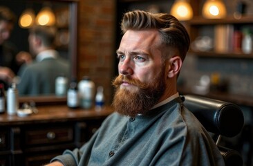 Fototapeta premium Barber shop, a charismatic man with a beard in an armchair.free space for text