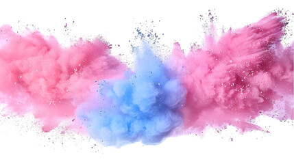 Pink, Blue, Golden colours powder exploding isolated on a transparent background