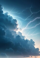 A breathtaking image of a stormy sky. Powerful lightning bolts illuminate dense, dark clouds, creating a dramatic scene