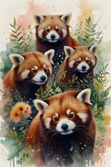 Obraz premium Red pandas in dreamy and whimsical art style in watercolor style