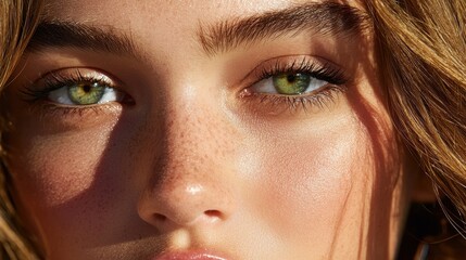Fototapeta premium Close-Up Portrait of a Young Woman with Striking Green Eyes and Freckles