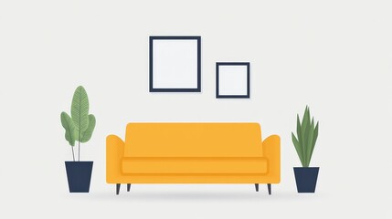 Modern Living Room Design with Yellow Sofa and Plants for Decor