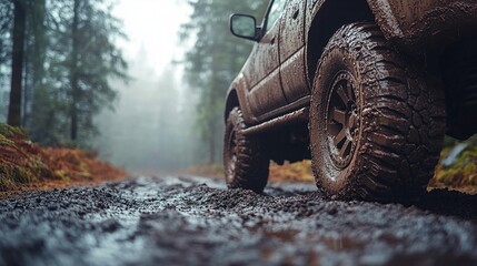 Muddy SUV Adventure in the Misty Forest