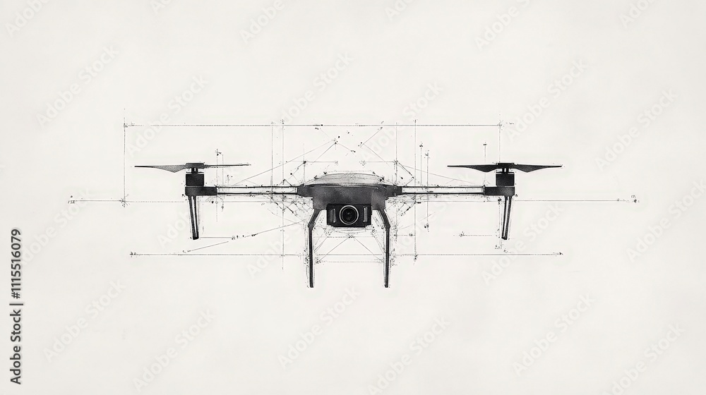 Poster detailed blueprint design of a modern drone with technical elements