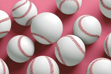 Three white baseballs with red stitching arranged in a triangular formation on a pink background. The largest baseball is centered, showcasing the pristine and detailed stitching.