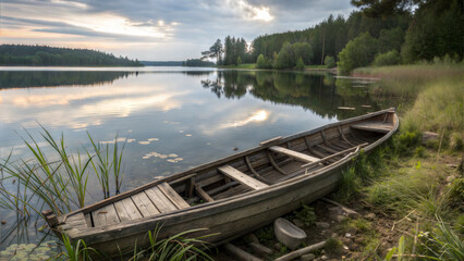 Obraz premium Wooden boat resting on calm lakeshore with forest and serene water reflection, timeless landscape