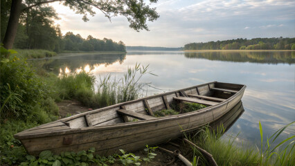 Obraz premium Old wooden rowboat on grassy lakeshore at sunset, tranquil forest reflection scene