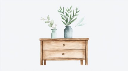 Wooden Table with Green Plants in Decorative Jars on Neutral Background