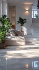 Fototapeta premium Modern Living Room Interior Design With Plants And Sunlight