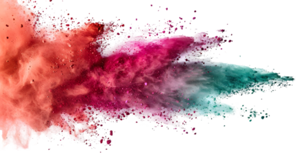 Pink, DarkRed, Green colours powder exploding isolated on a transparent background