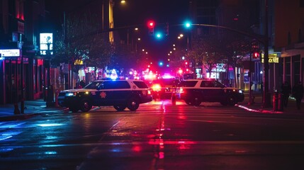 Police secure crime scene under dim street lights urban environment nighttime photography serene viewpoint