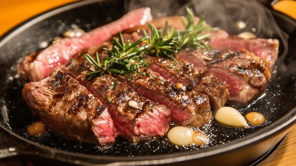 Fototapeta premium Closeup juicy beef steak slices cooking in black frying pan with garlic rosemary, steaming hot oil wooden background 