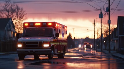 Obraz premium Ambulance responding to accident scene with calm ambiance city street emergency image evening light dynamic perspective