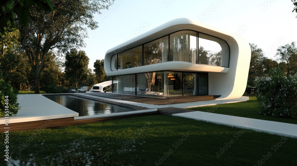 Poster Modern architectural design featuring a sleek house with large windows and a pool.