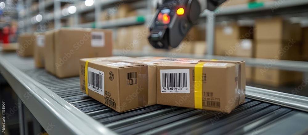 Poster an automated robotic arm scans barcodes on boxes moving along a conveyor belt in a warehouse.