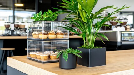 Fototapeta premium Modern Bakery Display with Cupcakes and Indoor Plants in Cafe