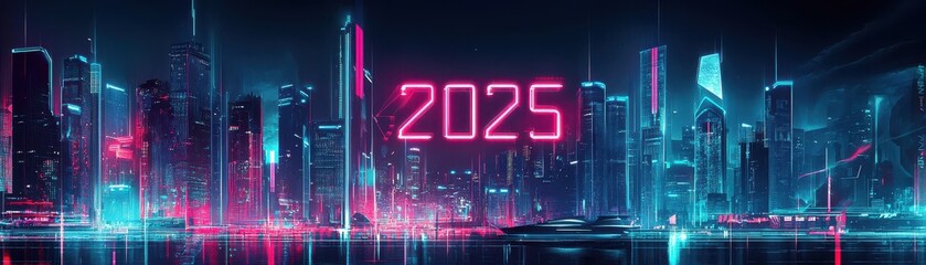 Futuristic Cityscape at Night with Neon Lights and Year 2025