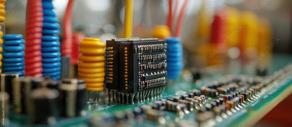 Poster a close up of a circuit board with a microchip and colorful wires.