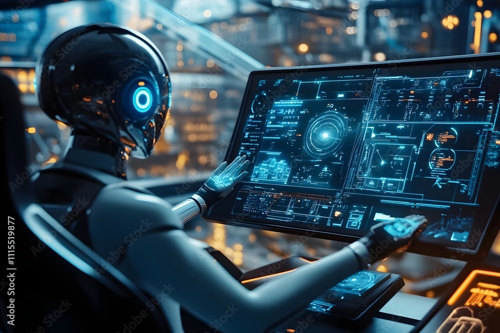 Poster a futuristic robot interacting with a high-tech control panel in a digital environment.