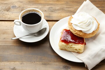 Freshly Brewed Coffee with Creamy Dessert on Wooden Table