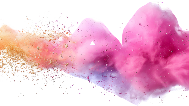 Pink, Gold, Silver colours powder exploding isolated on a transparent background