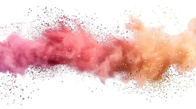 Pink, Golden, Silver colours powder exploding isolated on a transparent background