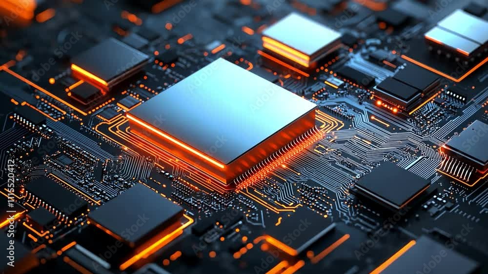 Poster close-up view of a circuit board with glowing elements and microchips, showcasing modern electronics