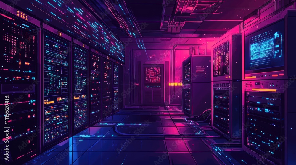 Poster neon-lit server room with rows of computer racks and glowing screens.