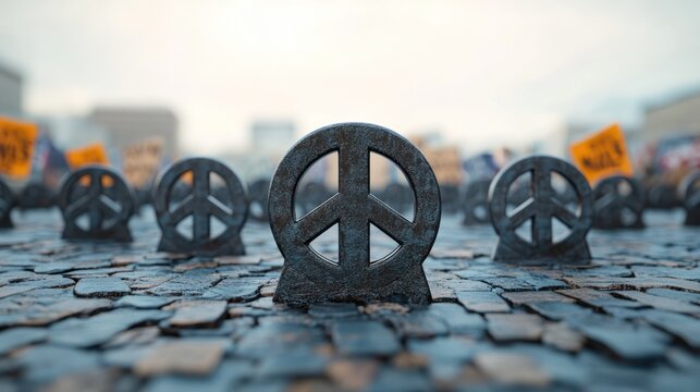 A field of peace signs made of metal stand in the middle of a cobbled street with protesters in the background.