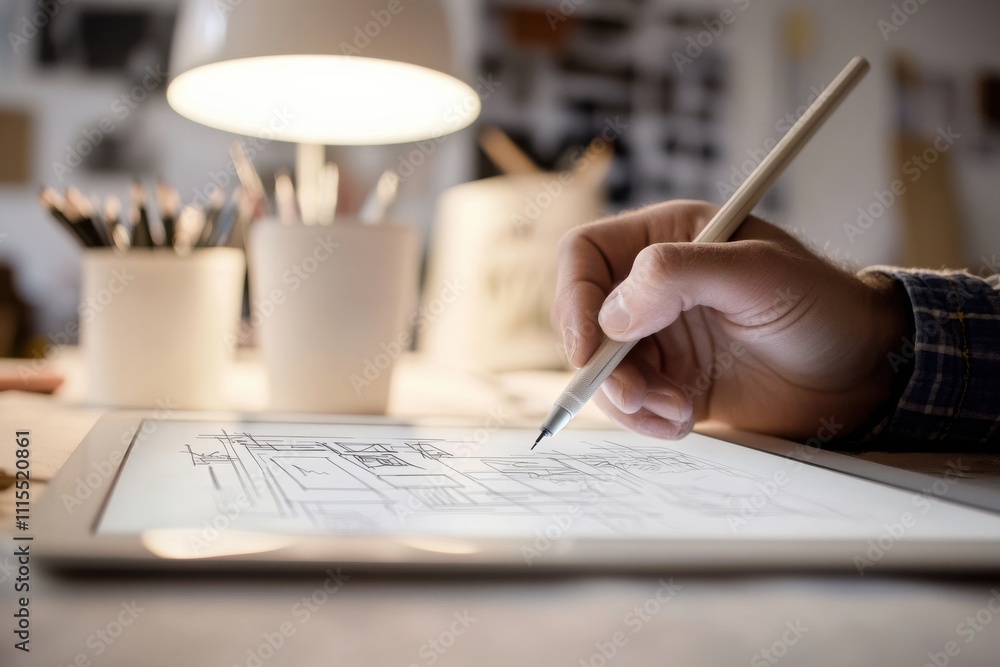 Poster professional designer drawing on tablet in a minimalist workspace with soft led light, creating busi