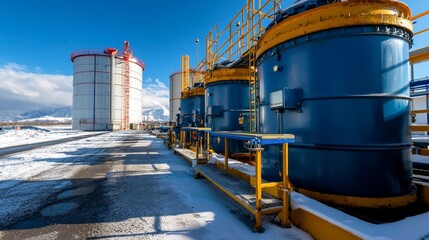 Obraz premium nuclear fuel storage concept. Industrial storage tanks in a snowy landscape under a clear blue sky.
